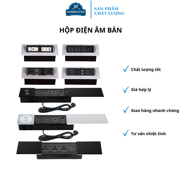 Hộp Điện Âm Bàn Âm Sàn Văn Phòng 2 Ổ Cắm Điện, Ổ Cắm Dây Mạng, Ổ USB, Cổng HDMI, VGA Cho Bàn Họp, Bàn Làm Việc