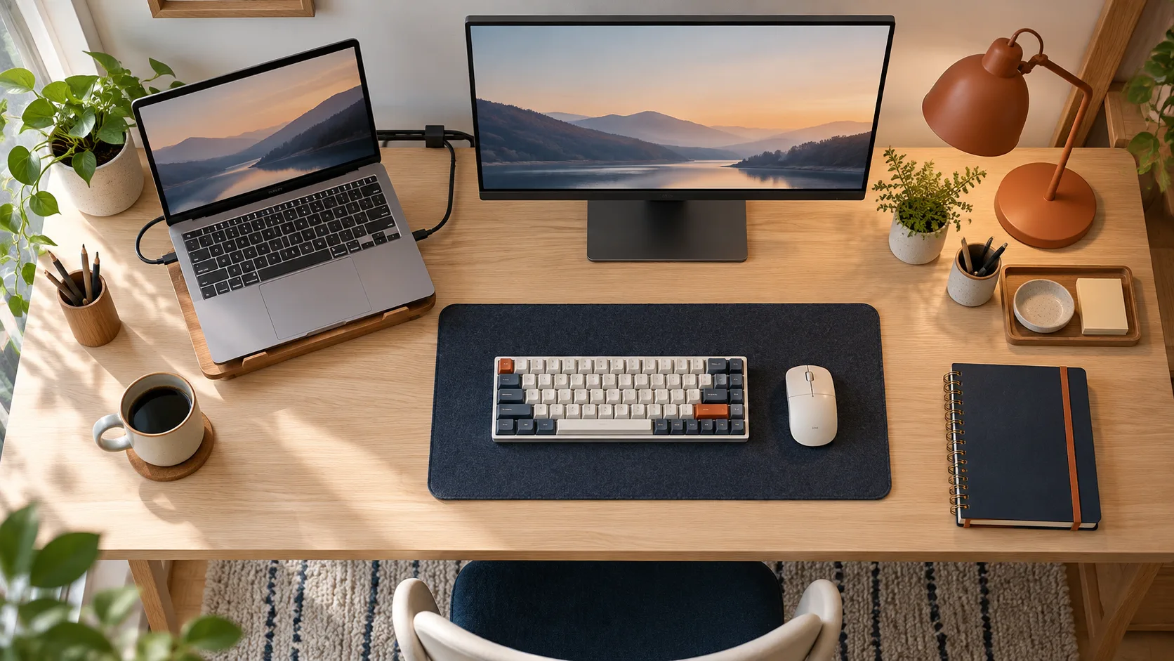 Bố trí mặt bàn tối giản với laptop, màn hình, bàn phím và chuột